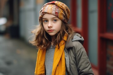 Portrait of a cute little girl in a hat and a coat on the street