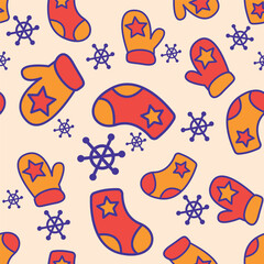 Warm clothes. Socks and mittens for Christmas. Seamless winter pattern with knitted clothes
