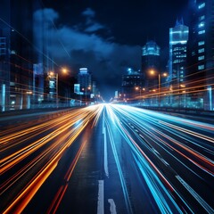 Fototapeta na wymiar Speeding Through the Night: Dynamic Long Exposure Captures the Luminous Trails of Cars on City Roads