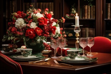 A festive dining table set with elegant plates, crystal wine glasses
