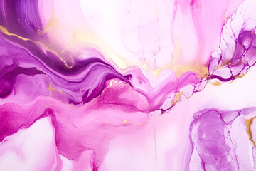 vibrant abstract fluid art with swirling shades of purple, pink, and gold accents, suggesting luxury and creativity.