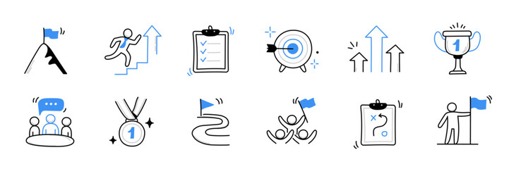 Business challenge person, work opportunity doodle icon set. Hand drawn sketch career purpose, professional goal cute trendy doodle icon. Career business success concept. Vector illustration - obrazy, fototapety, plakaty