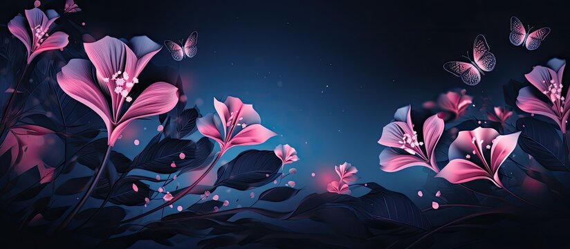 In the midst of a peaceful nature scene, an abstract floral design blooms onto a digital black banner, merging retro and modern art concepts in a creative blue and pink illustration, transforming into