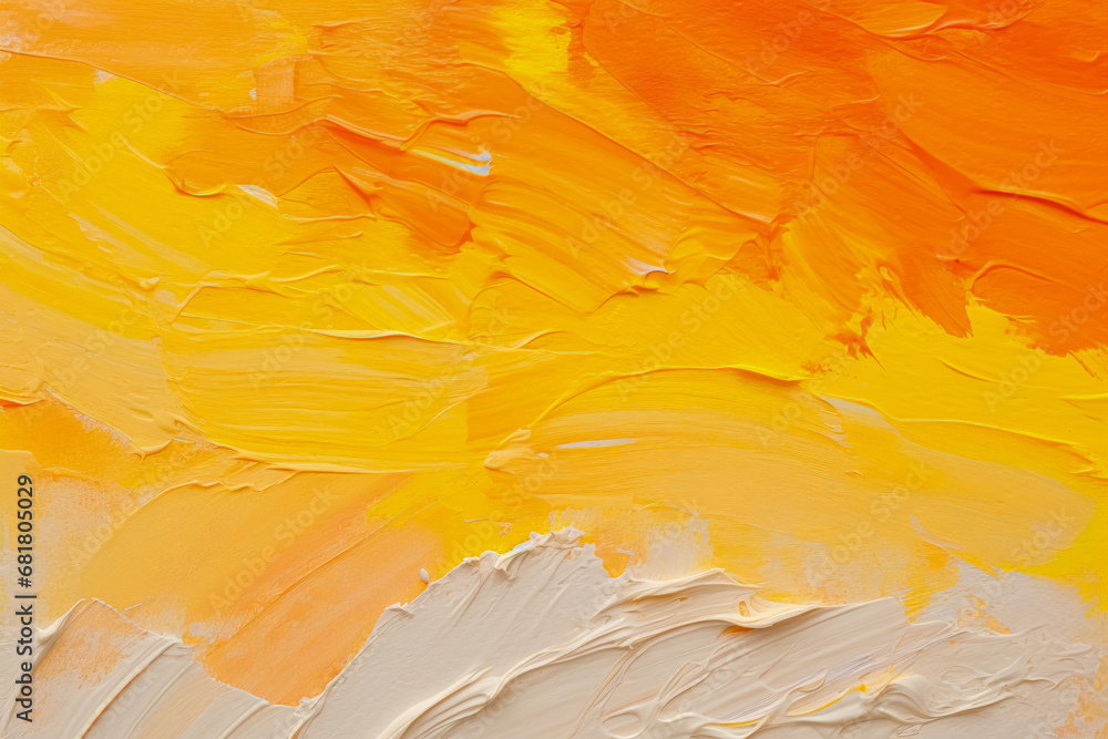 Poster bright orange and yellow acrylic paint strokes on canvas, creating a dynamic and vivid abstract back