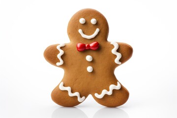 Gingerbread man cookie with a red bow tie and white icing on a white background