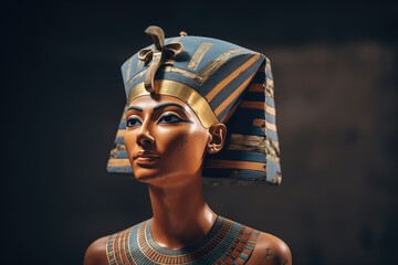Statue of a female Egyptian pharaoh with traditional headdress and collar in profile