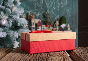 Beautifully decorated room with fireplace and Christmas tree for Christmas and New Year. Winter card. Focus on Christmas toys.