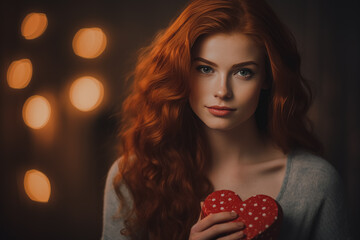 woman with flowing red hair holding a heart-shaped object, illuminated by soft, warm bokeh lights in the background.