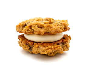 Close up photo of oatmeal cream pie cookies with walnuts and chocolate chips and buttercream filling