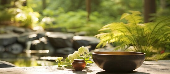 In a serene natural setting, a Tibetan bowl resonates harmoniously, guiding the mind into a state of deep meditation and mindfulness, promoting mental health and relieving stress. From ancient Country