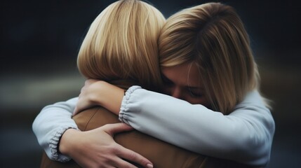 Two women hugging each other warmly express their love and friendship.
