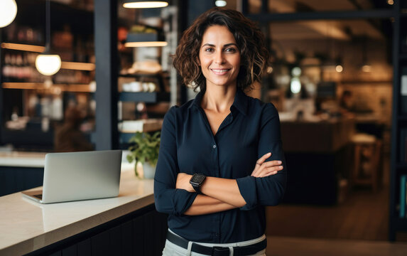 A beautiful businesswoman shop owner confidently standing by a laptop in her business with arms crossed