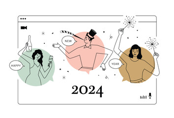 Friends Celebrating New Year Online, Virtual Party via Video Calling