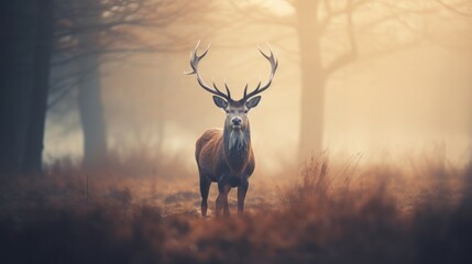 A deer standing in a foggy forest, surrounded by trees and mist.
