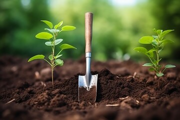 Lightweight Hand garden shovel spring. Organic grow. Generate Ai - obrazy, fototapety, plakaty