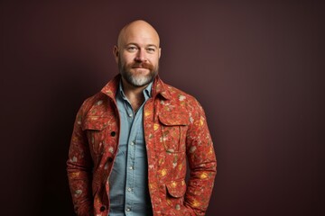 Handsome bald man with a long beard in a red jacket on a dark background