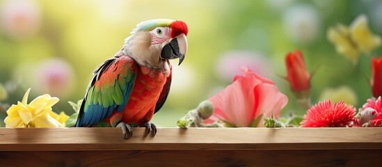In a beautiful garden, a young white and green parrot perched on a wooden table, surrounded by colorful flowers, admiring a portrait of a cute red animal, captivating and funny in its own way.