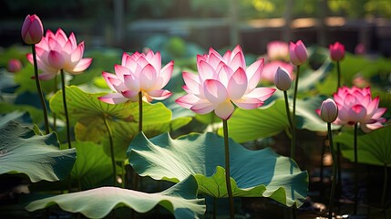 midst of summer, the vibrant colors of nature come to life, as the tropical pink lotus flower blooms, showcasing its beautiful and colorful petals, adding to the already breathtaking beauty of the - Powered by Adobe
