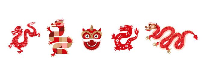 Collection of Chinese traditional dragons illustrations, Lunar, Chinese New Year 2024 , Year of the Dragon. Geometric modern style