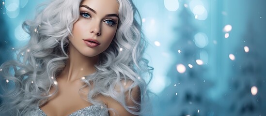 In a Christmas-inspired winter wonderland, a woman with flowing white hair and a face adorned with blue and silver makeup poses for a portrait, reflecting the beauty of fashion, art, and the holiday