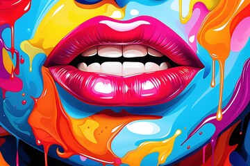 Illustration of a female mouth with glossy lips and colorful paint splashes, Pop Art, Ai Generated