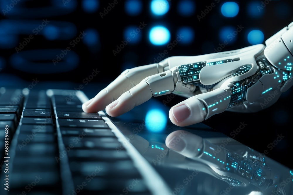 Poster steady hand of robot touch. coding monitor science. generate ai