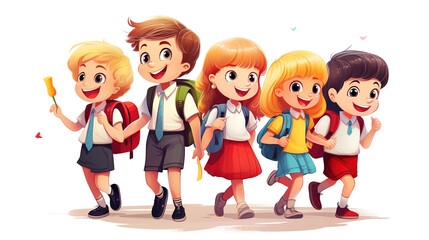 Back to school. Happy children ready for primary school. Pupils on first day of school. Girls and boys with backpacks. Education for kindergarten and preschool kids