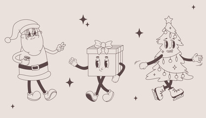 Groovy Christmas characters outline set