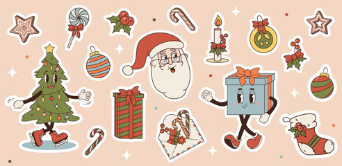 Vector set of Groovy Christmas stickers. Illustration of Santa Claus, Christmas tree and gift characters, decorations such as candy cane, gingerbreads and ornaments. Retro vintage 60s 70s style