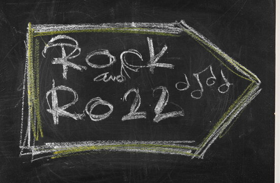 Icon rock and roll, hand draw chalk on chalkboard, blackboard texture