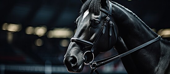 In the indoor arena, a young and beautiful black horse stands tall, its happy face portrays a portrait of pure joy, embracing its nature as a domesticated mammal, an elegant and purebred pet. This - obrazy, fototapety, plakaty