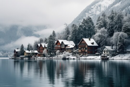 a village with houses around a water with trees covered in snow Generative Ai