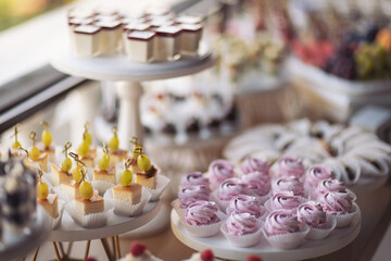 Closeup of many small cakes, sweets, fruits served on plate for cocktail party or shelves of store. Candy bar on birthday or wedding holiday dinner. catering food. tasty dessert. Wedding banquet table