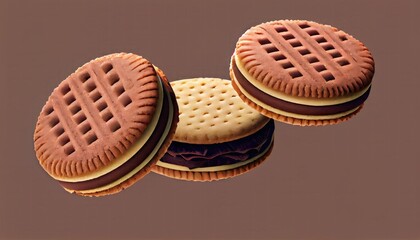 Sandwich cookies chocolate fill biscuit package design cookie filled baked white dairy falling isolated round shape promotion collection food vanilla ingredient stack dessert bread crispy