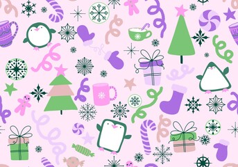 Christmas animals seamless penguin and gloves and snowflakes and tree and toys pattern for wrapping paper
