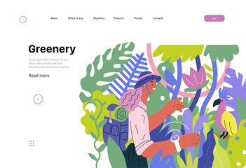 Greenery, ecology -modern flat vector concept illustration of a woman exploring the jungle and a wild bird in a tree. Metaphor of environmental sustainability and protection, closeness to nature