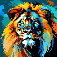 Lion Head | Pop Art | Bright and Pop black and blue colors | dotted background | bold colors, flat surfaces, mass-production | Vibrant, Iconic, Generative AI