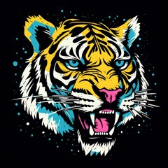 Tiger Head | Pop Art | Bright and Pop black and blue colors | dotted background | bold colors, flat surfaces, mass-production | Vibrant, Iconic, Generative AI