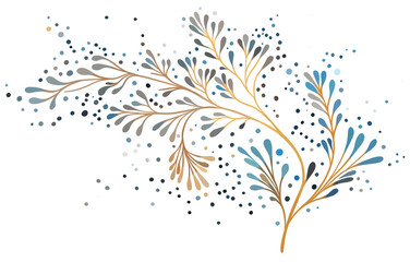 A PNG file of a stylized botanical illustration with abstract floral elements in autumn-winter colors on a transparent backdrop. A hand-drawn branch with dots, created on a tablet. - 681813693