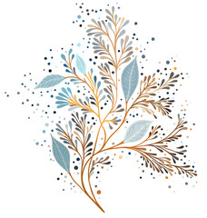 A PNG file of a stylized botanical illustration with abstract floral elements in autumn-winter colors on a transparent backdrop. A hand-drawn branch with dots, created on a tablet.