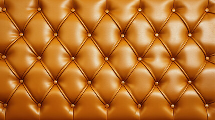Gold leather upholstery. Close-up texture of genuine leather with Brown rhombic stitching. Brown leather texture with buttons for pattern and background