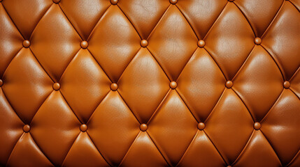 Gold leather upholstery. Close-up texture of genuine leather with Brown rhombic stitching. Brown leather texture with buttons for pattern and background