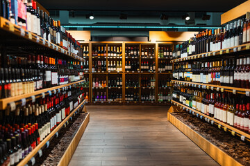 Liquor store background. Alcohol retail industry. Wine bottles on shelves in wine shop. - obrazy, fototapety, plakaty