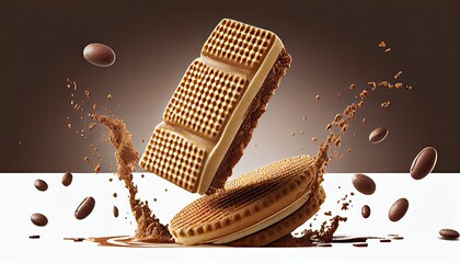 crispy wafer four layers delicious coffee cream filling bean splashing cookie food dessert sweet product snack biscuit favor isolated crunchy background brown clipping path confectionery waffle - obrazy, fototapety, plakaty