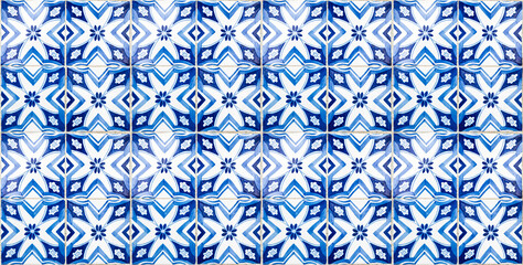 Detail texture of blue and white wall tiles typically for Portuguese cities like Porto or Lisbon