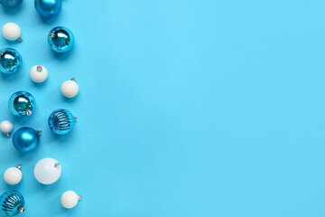 Many Christmas balls on blue background
