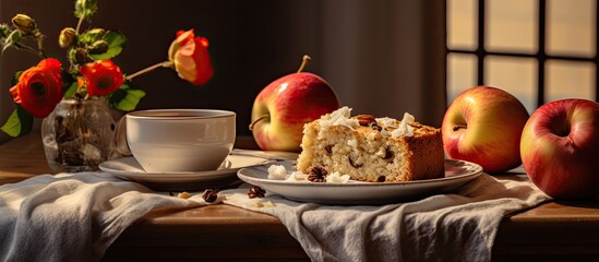 In the morning, Mary prepared a healthy breakfast consisting of a white fruit cake with apple slices on a plate, paired with a glass of organic coffee. - obrazy, fototapety, plakaty