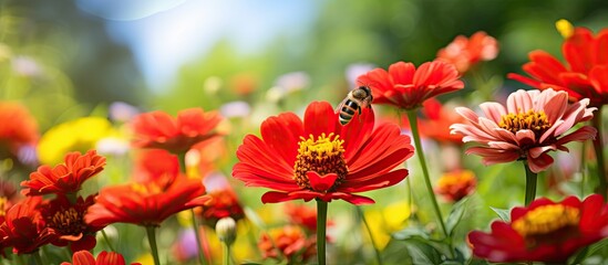 Fototapeta premium In the enchanting summer garden, a bee buzzed among the vibrant red flowers, their cute petals displaying a rich texture and color, creating a stunning floral wallpaper for nature lovers to enjoy. The