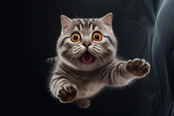 Portrait of a funny surprised cat, closeup. Cute cat in jump, isolated on black background