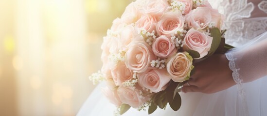 As the florist skillfully arranged the bouquet of romantic pink roses, the female, radiating beauty in her elegant dress and delicate lace gloves, prepared to embrace the timeless tradition of love - obrazy, fototapety, plakaty
